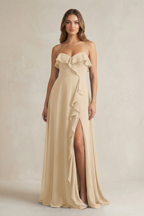 Sweetheart Ruffled A-Line Chiffon Bridesmaid Dress in Champagne | KISSBRIDAL