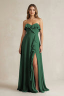Sweetheart Ruffled A-Line Chiffon Bridesmaid Dress in Dark Green | KISSBRIDAL