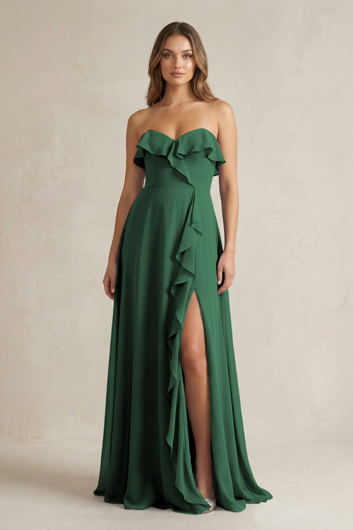 Sweetheart Ruffled A-Line Chiffon Bridesmaid Dress in Dark Green | KISSBRIDAL