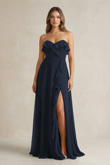 Sweetheart Ruffled A - Line Chiffon Bridesmaid Dress in Dark Navy - KISS BRIDAL Bridesmaid Dresses