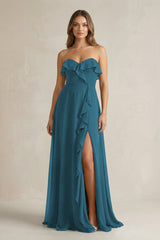 Sweetheart Ruffled A - Line Chiffon Bridesmaid Dress in Dark Teal - KISS BRIDAL Bridesmaid Dresses