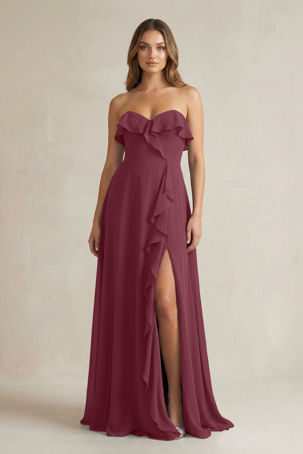 Sweetheart Ruffled A-Line Chiffon Bridesmaid Dress in Desert Rose