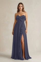 Sweetheart Ruffled A - Line Chiffon Bridesmaid Dress in Dusk Blue - KISS BRIDAL Bridesmaid Dresses