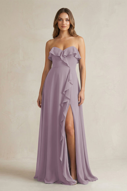 Sweetheart Ruffled A-Line Chiffon Bridesmaid Dress in Dusk | KISSBRIDAL
