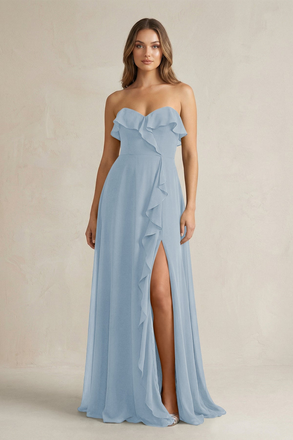 Sweetheart Ruffled A - Line Chiffon Bridesmaid Dress in Dusty Blue - KISS BRIDAL Bridesmaid Dresses