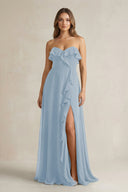 Sweetheart Ruffled A - Line Chiffon Bridesmaid Dress in Dusty Blue - SHE IS ME Bridesmaid Dresses