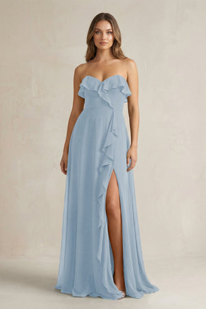 Sweetheart Ruffled A - Line Chiffon Bridesmaid Dress in Dusty Blue - SHE IS ME Bridesmaid Dresses