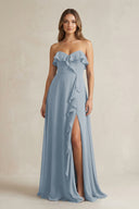 Sweetheart Ruffled A-Line Chiffon Bridesmaid Dress in Dusty Blue | KISSBRIDAL