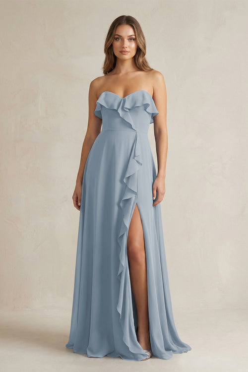 Sweetheart Ruffled A-Line Chiffon Bridesmaid Dress in Dusty Blue | KISSBRIDAL