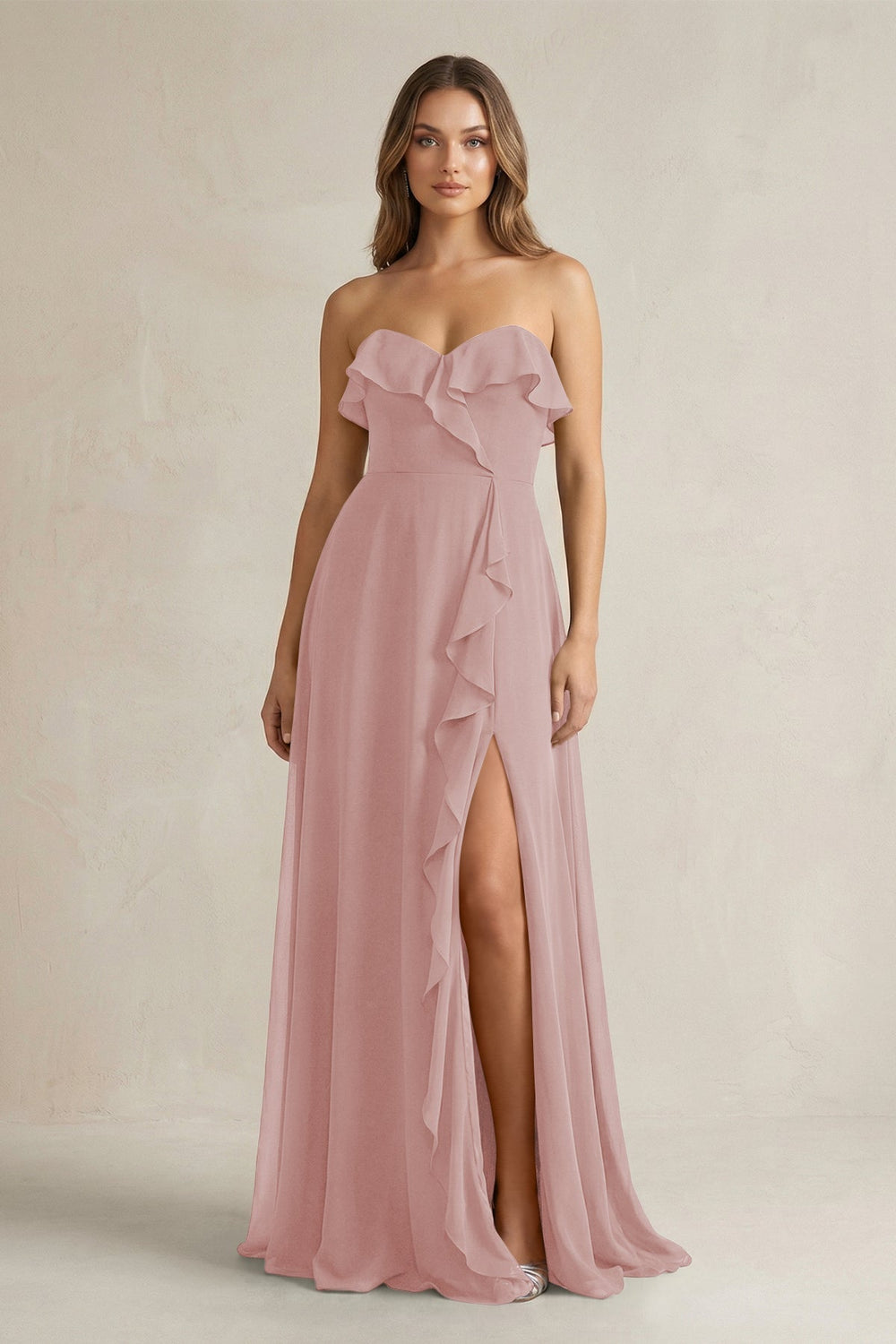 Sweetheart Ruffled A - Line Chiffon Bridesmaid Dress in Dusty Rose - KISS BRIDAL Bridesmaid Dresses
