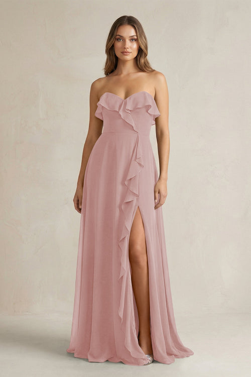 Sweetheart Ruffled A - Line Chiffon Bridesmaid Dress in Dusty Rose - SHE IS ME Bridesmaid Dresses