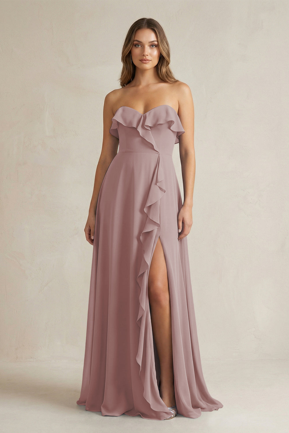 Sweetheart Ruffled A-Line Chiffon Bridesmaid Dress in Dusty Rose