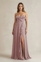 Sweetheart Ruffled A-Line Chiffon Bridesmaid Dress in Dusty Rose | KISSBRIDAL