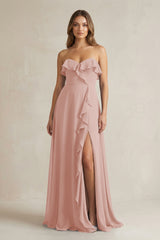 Sweetheart Ruffled A-Line Chiffon Bridesmaid Dress in English Rose | KISSBRIDAL
