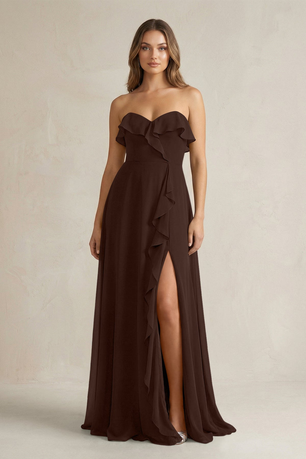 Sweetheart Ruffled A - Line Chiffon Bridesmaid Dress in Espresso - KISS BRIDAL Bridesmaid Dresses