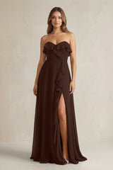 Sweetheart Ruffled A - Line Chiffon Bridesmaid Dress in Espresso - KISS BRIDAL Bridesmaid Dresses