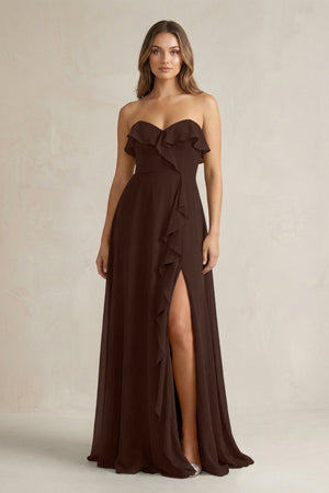 Sweetheart Ruffled A - Line Chiffon Bridesmaid Dress in Espresso - SHE IS ME Bridesmaid Dresses