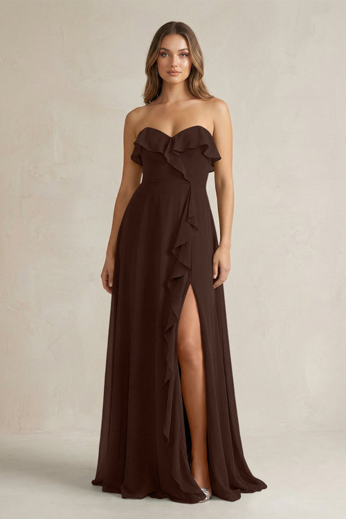 Sweetheart Ruffled A - Line Chiffon Bridesmaid Dress in Espresso - SHE IS ME Bridesmaid Dresses