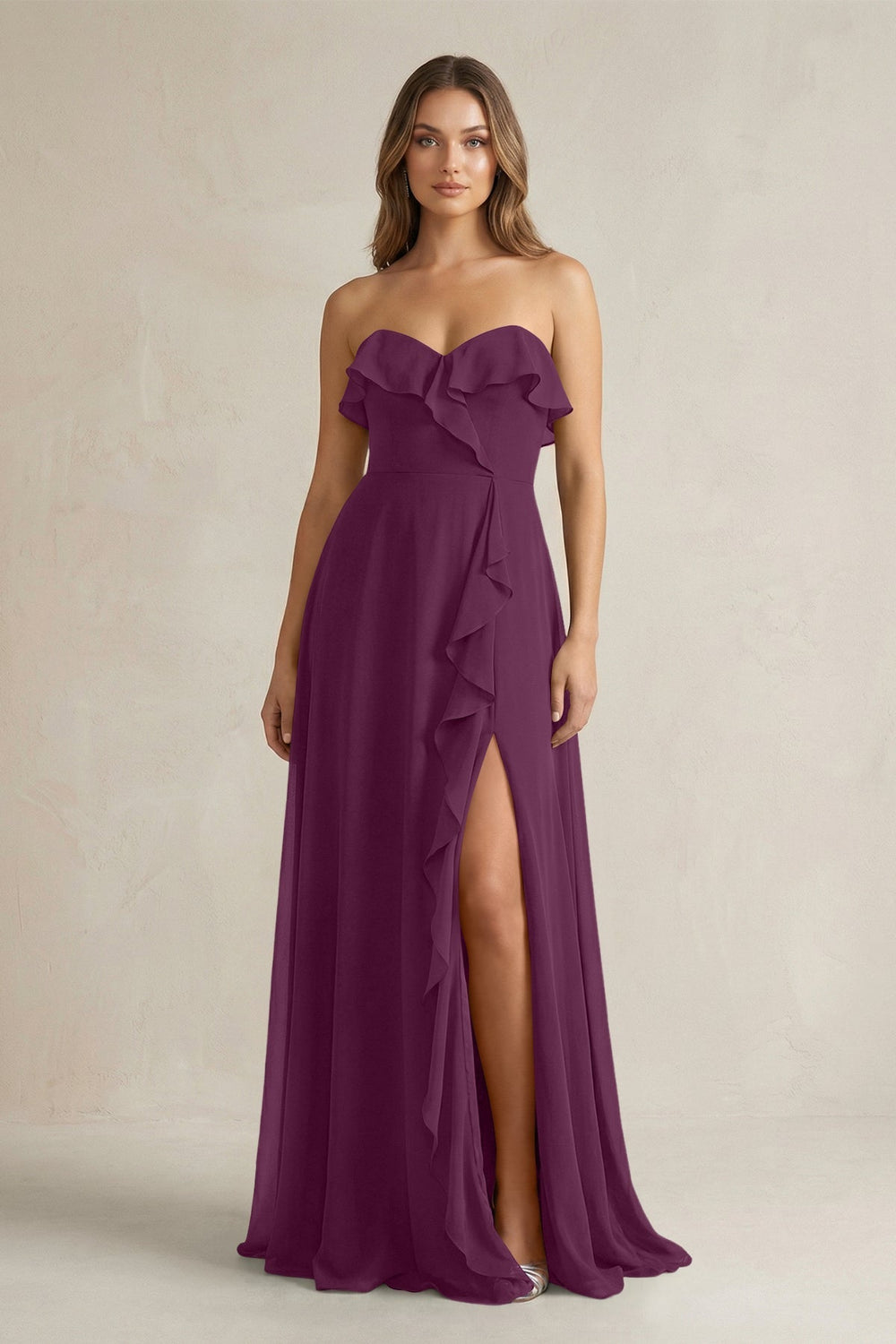 Sweetheart Ruffled A - Line Chiffon Bridesmaid Dress in Fig - KISS BRIDAL Bridesmaid Dresses