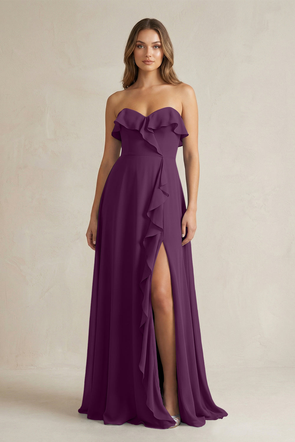 Sweetheart Ruffled A-Line Chiffon Bridesmaid Dress in Fig