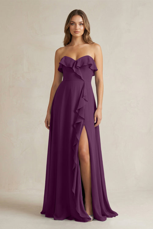 Sweetheart Ruffled A-Line Chiffon Bridesmaid Dress in Fig | KISSBRIDAL