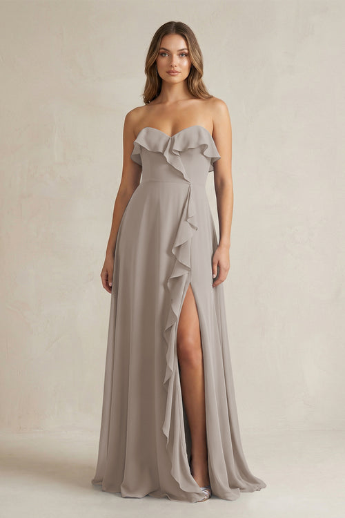 Sweetheart Ruffled A-Line Chiffon Bridesmaid Dress in Frost | KISSBRIDAL