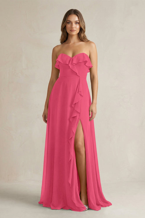 Sweetheart Ruffled A - Line Chiffon Bridesmaid Dress in Fuchsia - SHE IS ME Bridesmaid Dresses