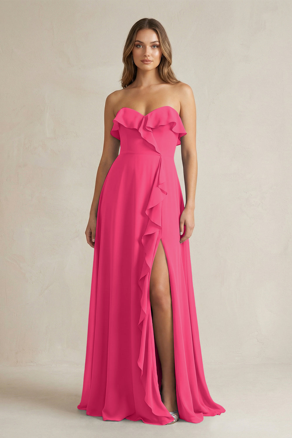 Sweetheart Ruffled A-Line Chiffon Bridesmaid Dress in Fuchsia