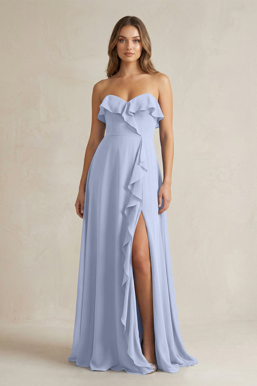 Sweetheart Ruffled A-Line Chiffon Bridesmaid Dress in Ice | KISSBRIDAL