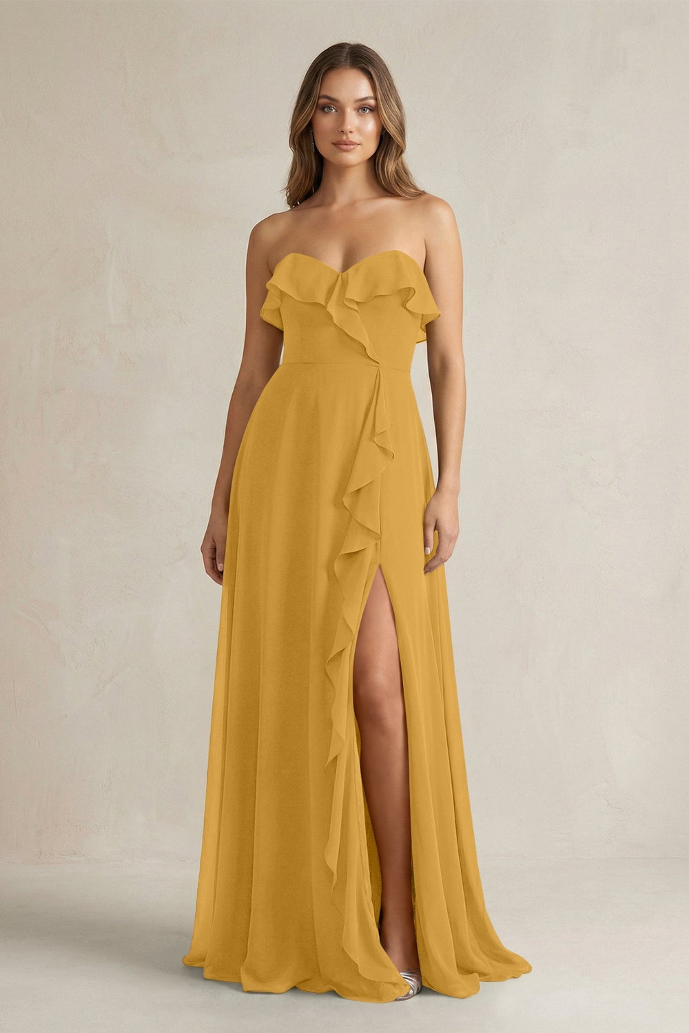 Sweetheart Ruffled A - Line Chiffon Bridesmaid Dress in Marigold - KISS BRIDAL Bridesmaid Dresses