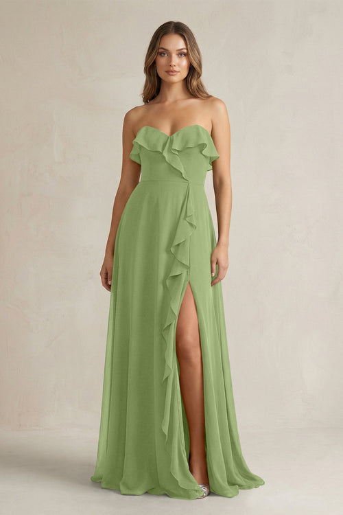 Sweetheart Ruffled A - Line Chiffon Bridesmaid Dress in Matcha - SHE IS ME Bridesmaid Dresses