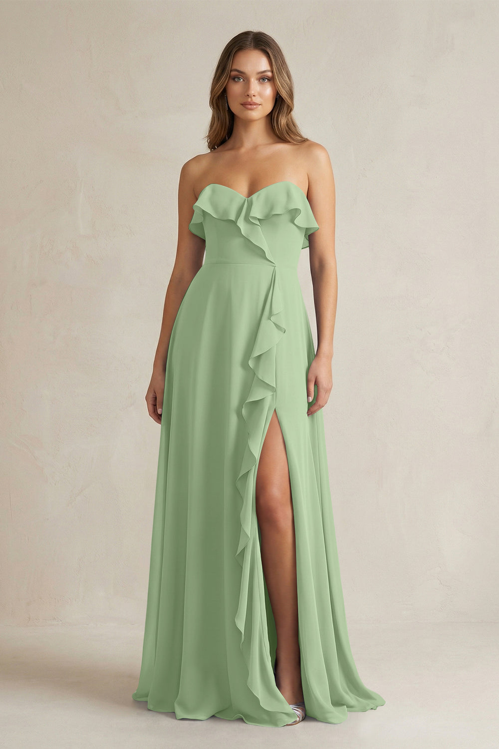 Sweetheart Ruffled A-Line Chiffon Bridesmaid Dress in Matcha
