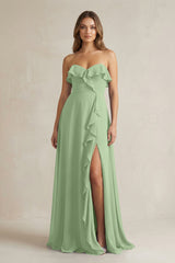 Sweetheart Ruffled A-Line Chiffon Bridesmaid Dress in Matcha | KISSBRIDAL