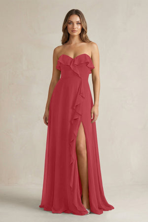 Sweetheart Ruffled A - Line Chiffon Bridesmaid Dress in Merlot - SHE IS ME Bridesmaid Dresses