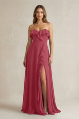 Sweetheart Ruffled A-Line Chiffon Bridesmaid Dress in Merlot | KISSBRIDAL