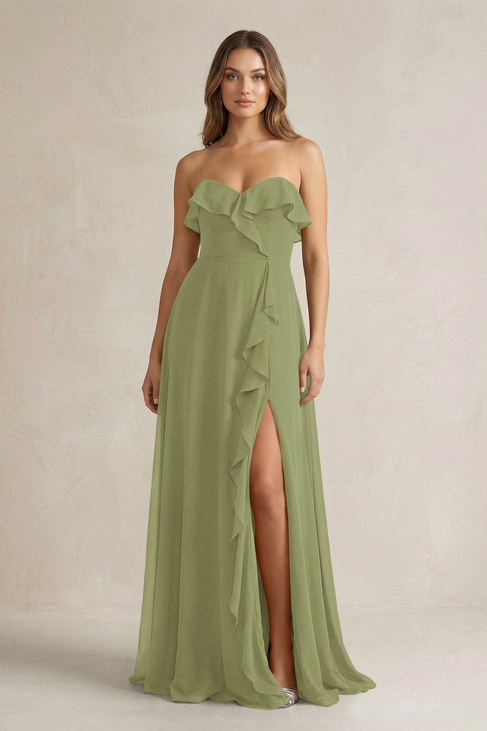 Sweetheart Ruffled A - Line Chiffon Bridesmaid Dress in Moss Green - KISS BRIDAL Bridesmaid Dresses
