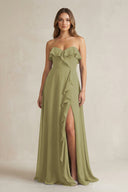 Sweetheart Ruffled A-Line Chiffon Bridesmaid Dress in Moss Green | KISSBRIDAL