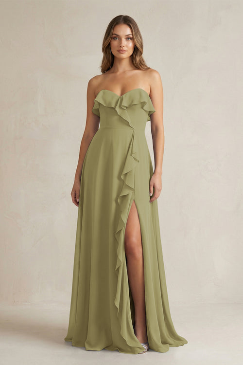 Sweetheart Ruffled A-Line Chiffon Bridesmaid Dress in Moss Green | KISSBRIDAL