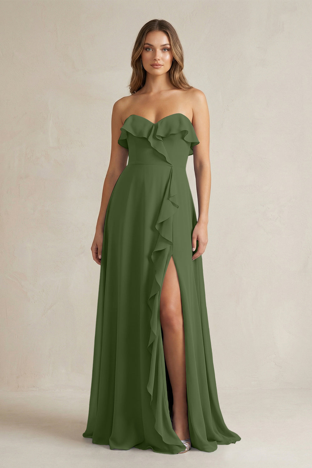 Sweetheart Ruffled A-Line Chiffon Bridesmaid Dress in Moss
