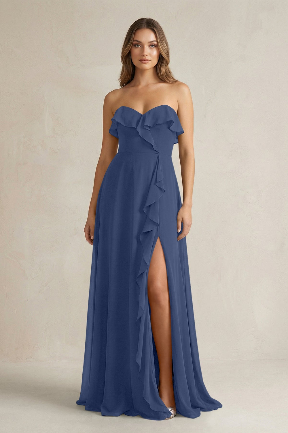 Sweetheart Ruffled A - Line Chiffon Bridesmaid Dress in Navy - KISS BRIDAL Bridesmaid Dresses