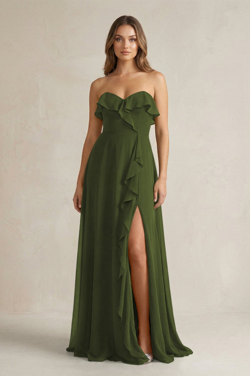 Sweetheart Ruffled A - Line Chiffon Bridesmaid Dress in Olive - SHE IS ME Bridesmaid Dresses