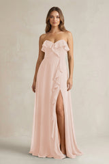 Sweetheart Ruffled A - Line Chiffon Bridesmaid Dress in Pale Blush - KISS BRIDAL Bridesmaid Dresses