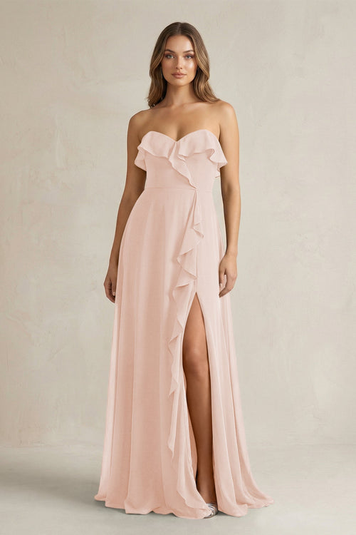 Sweetheart Ruffled A - Line Chiffon Bridesmaid Dress in Pale Blush - SHE IS ME Bridesmaid Dresses