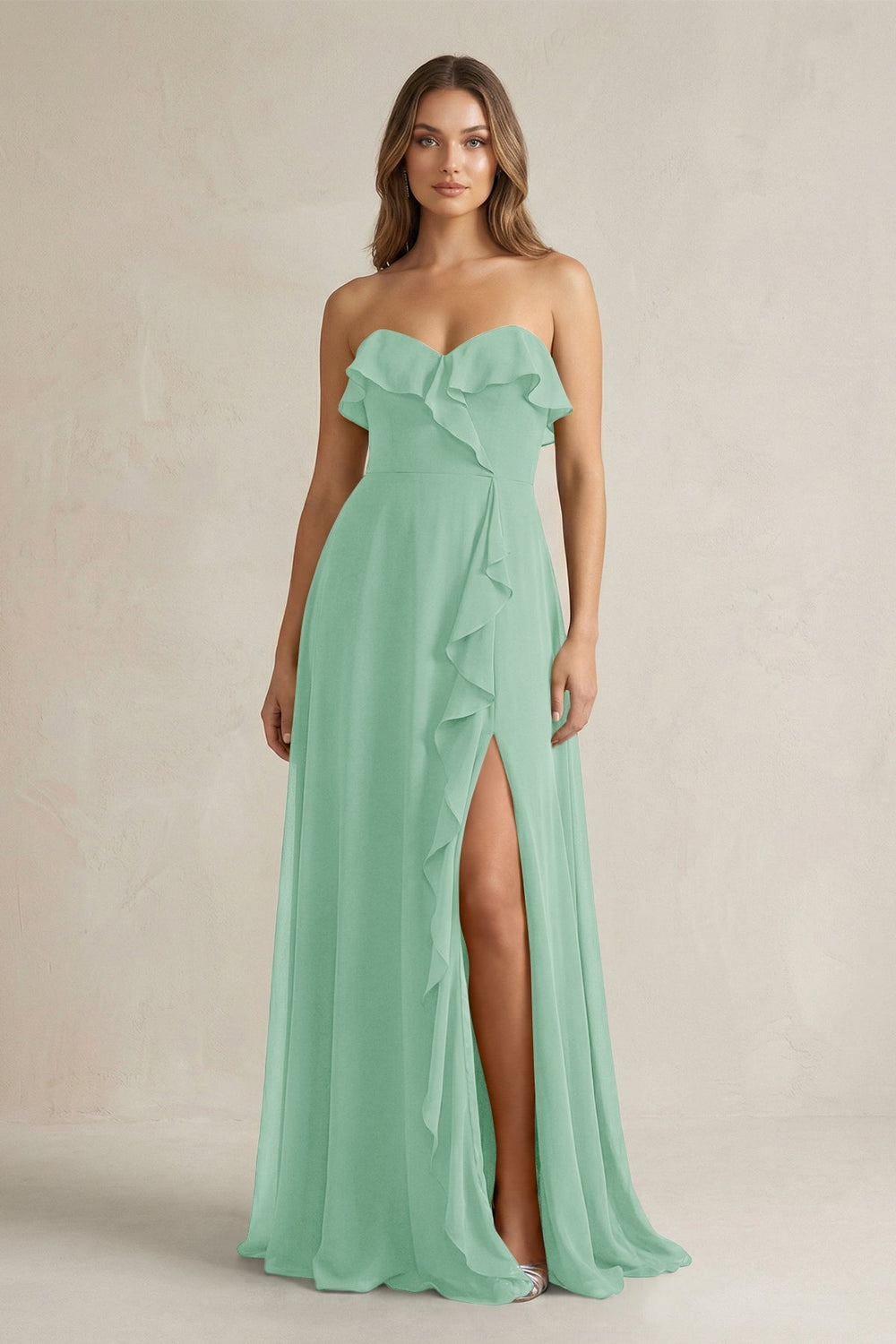 Sweetheart Ruffled A - Line Chiffon Bridesmaid Dress in Pale Pistachio - KISS BRIDAL Bridesmaid Dresses