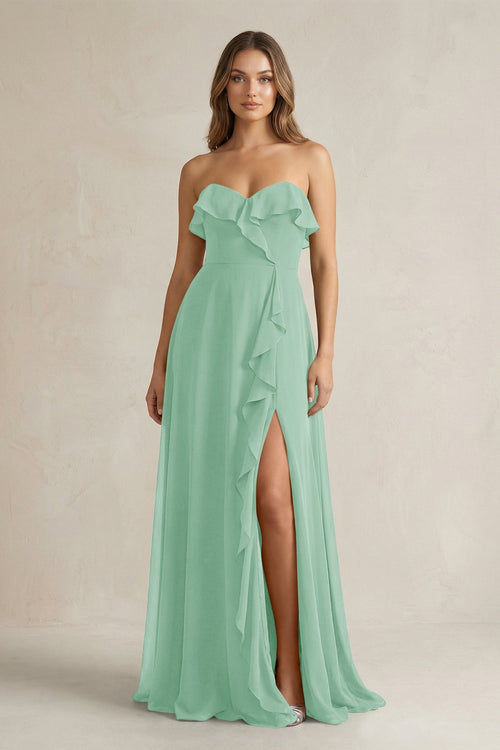 Sweetheart Ruffled A - Line Chiffon Bridesmaid Dress in Pale Pistachio - SHE IS ME Bridesmaid Dresses