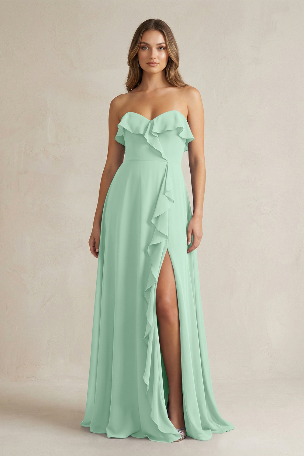 Sweetheart Ruffled A-Line Chiffon Bridesmaid Dress in Pale Pistachio