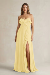 Sweetheart Ruffled A - Line Chiffon Bridesmaid Dress in Pastel Yellow - KISS BRIDAL Bridesmaid Dresses
