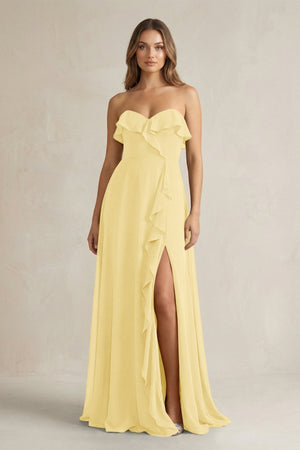 Sweetheart Ruffled A - Line Chiffon Bridesmaid Dress in Pastel Yellow - SHE IS ME Bridesmaid Dresses
