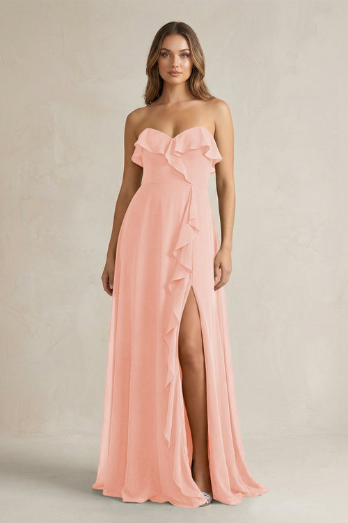 Sweetheart Ruffled A - Line Chiffon Bridesmaid Dress in Rose Petal - SHE IS ME Bridesmaid Dresses