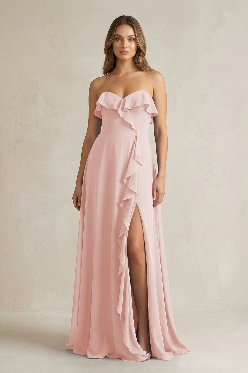 Sweetheart Ruffled A-Line Chiffon Bridesmaid Dress in Rose Petal
